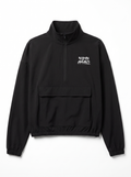 A black half-zip pullover jacket with a stand collar, a front flap pocket, and a small white dukiri apparel graphic logo on the left chest, displayed against a plain white background.