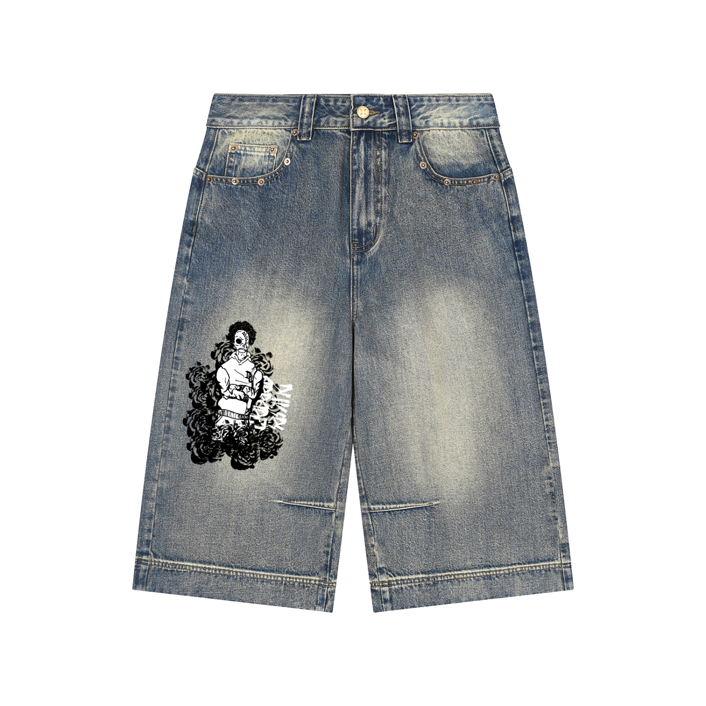 Light blue denim shorts with a black and white graphic print of a woman surrounded by flowers on the left leg, shown flat on a white background.
