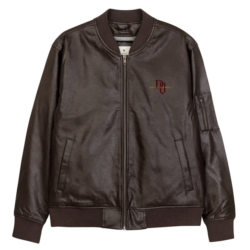 Brown faux Leather Bomber Jacket-embroidered the story quote