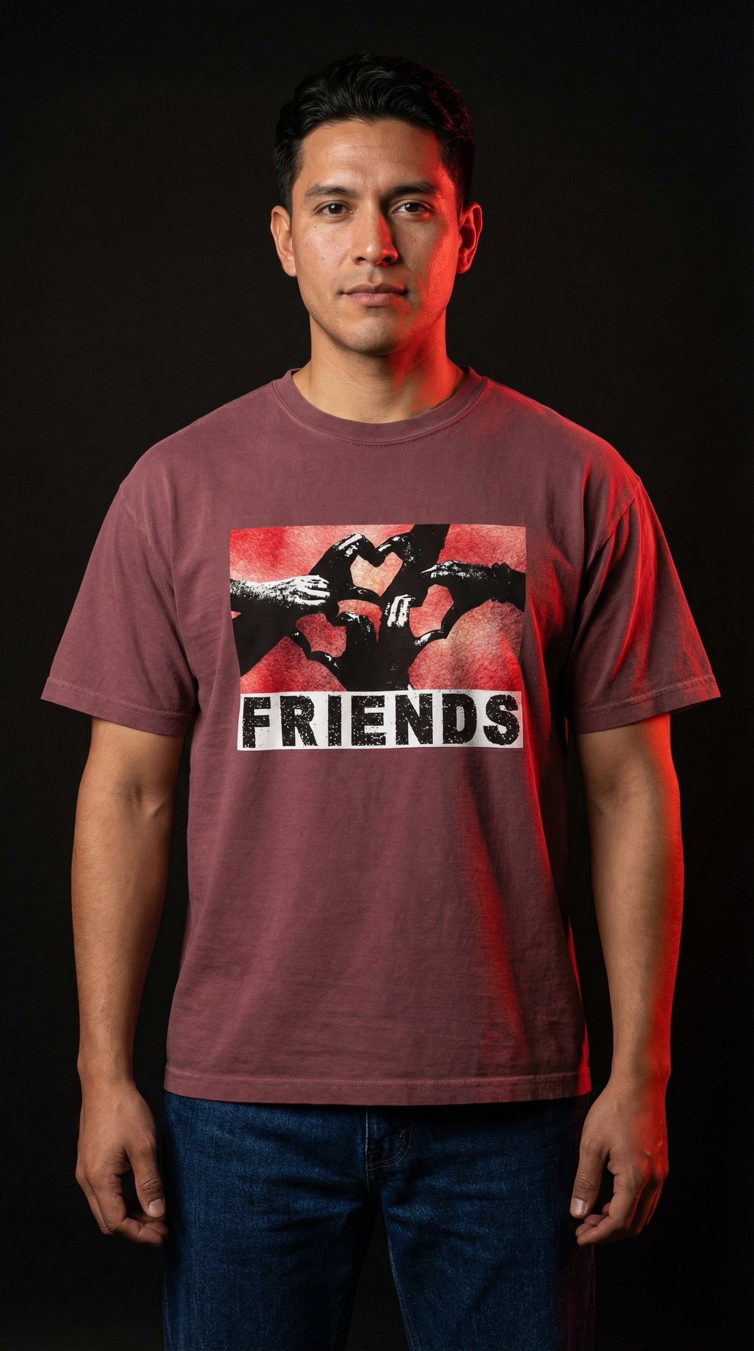 Man wearing a maroon t-shirt with a graphic design and the word 'FRIENDS' on a black background