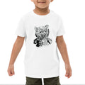 A young boy wearing a white short-sleeve t-shirt with a black pixelated teddy bear graphic on the front, set against a plain white background.