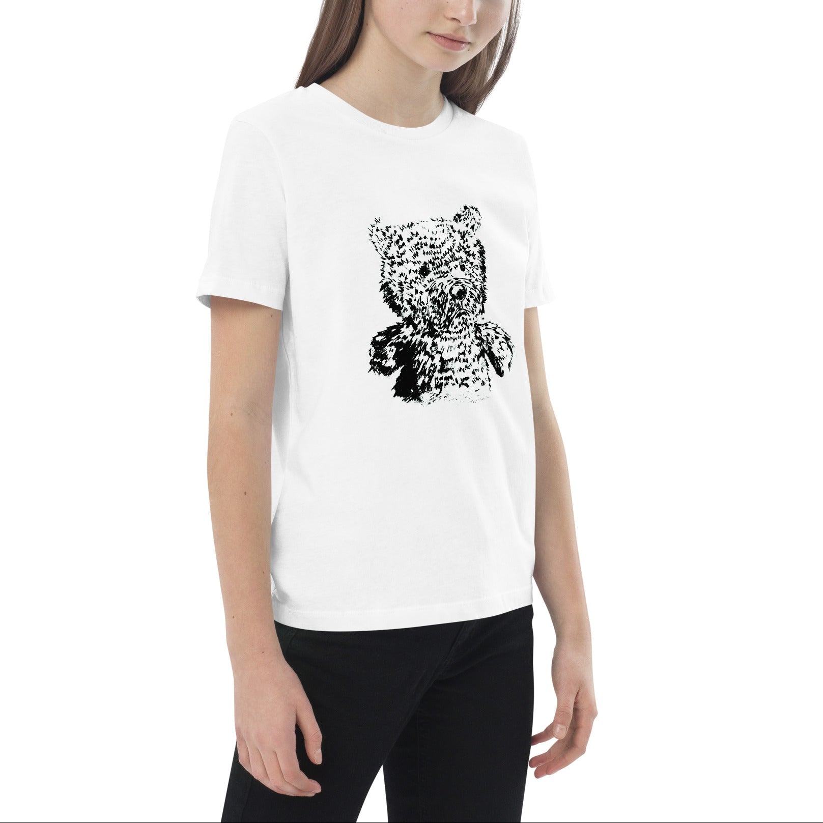 Person wearing a white t-shirt with a cartoon character on a white background