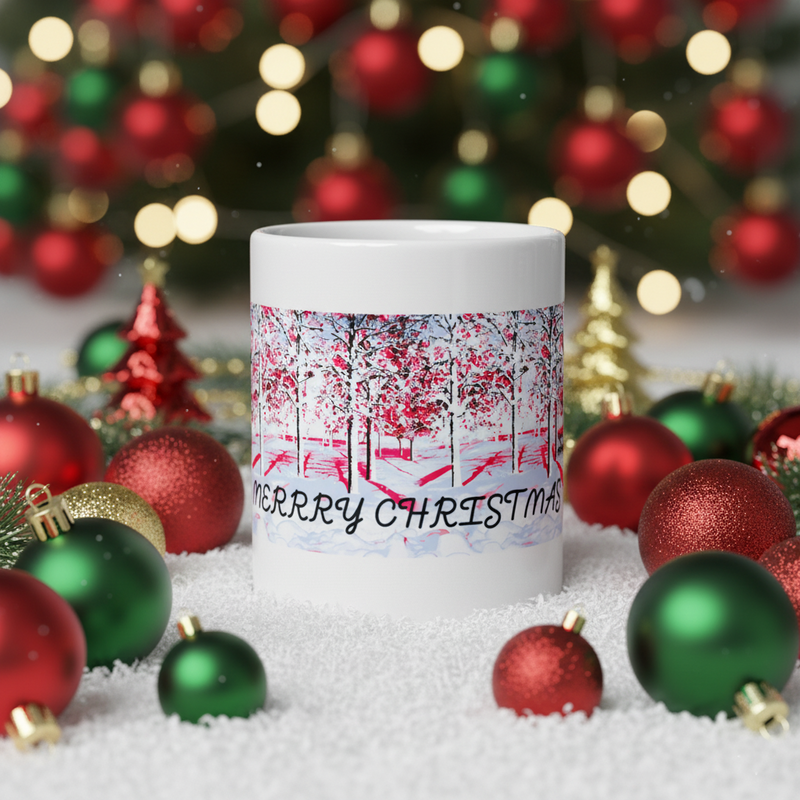 White mug with Christmas design surrounded by festive ornaments and a blurred Christmas tree in the background