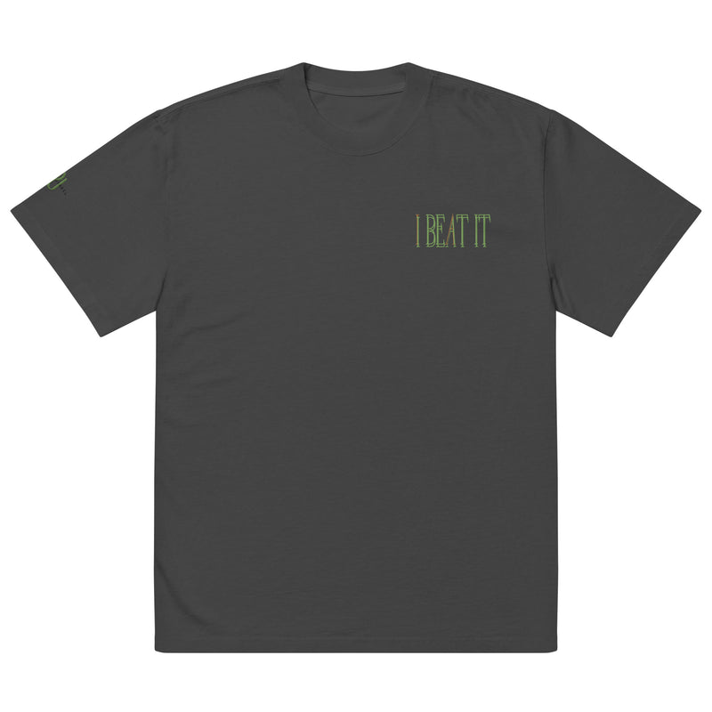 Faded Black Oversized faded t-shirt-Embroidered "I Beat it" Print