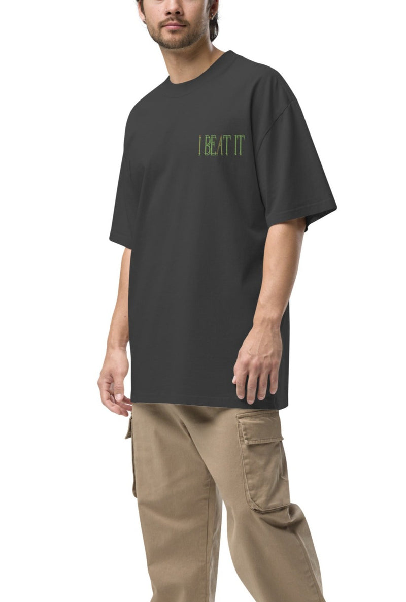 oversized-faded-t-shirt-faded-black-left-front-Faded Black Oversized faded t-shirt-Embroidered "I Beat it" Print