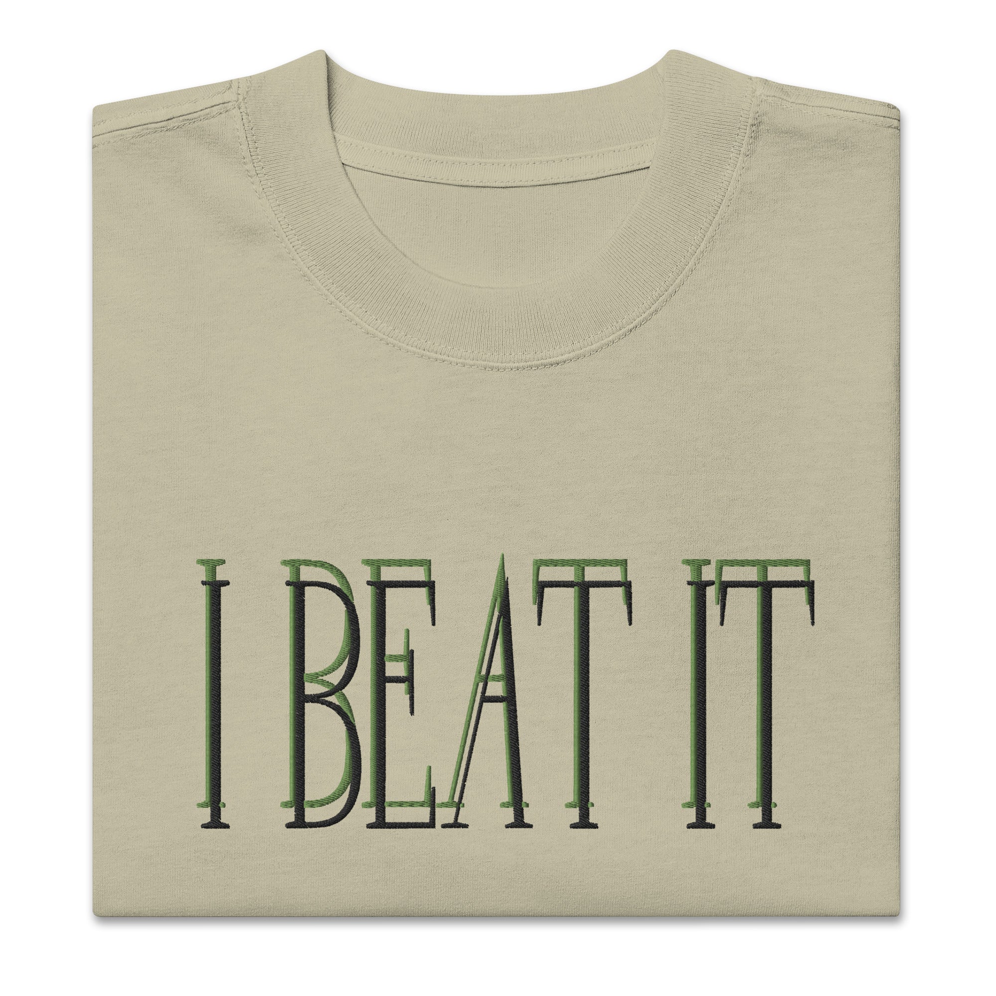 Oversized faded Kiwi t-shirt-Embroidered "I Beat it" Print