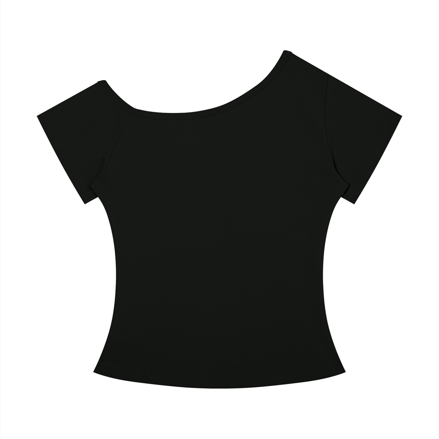 A black short-sleeve crop top with a wide boat neckline, shown flat against a plain white background.