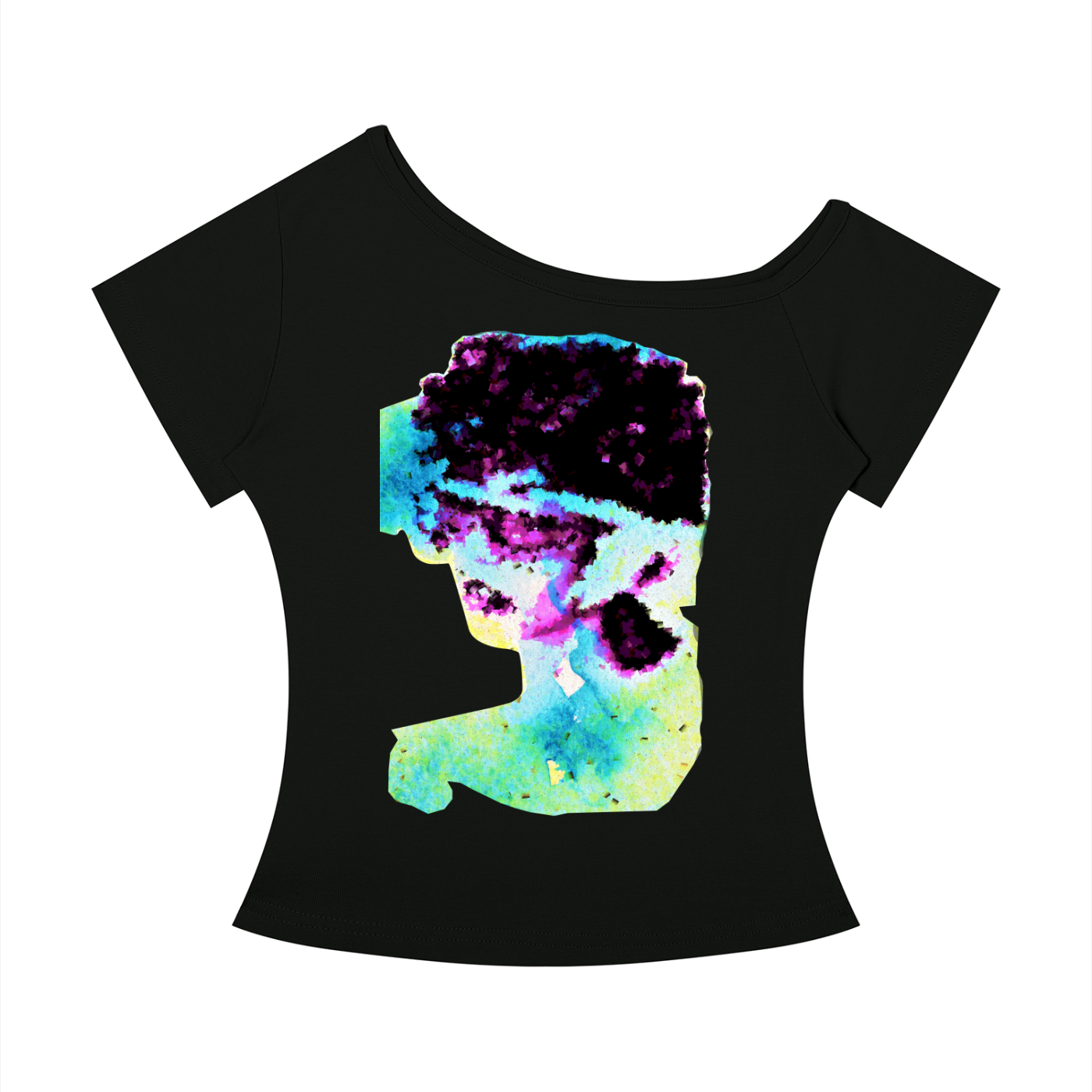 A black short-sleeve women's t-shirt with a wide scoop neckline, featuring a large, vibrant, multicolored abstract graphic print on the front.