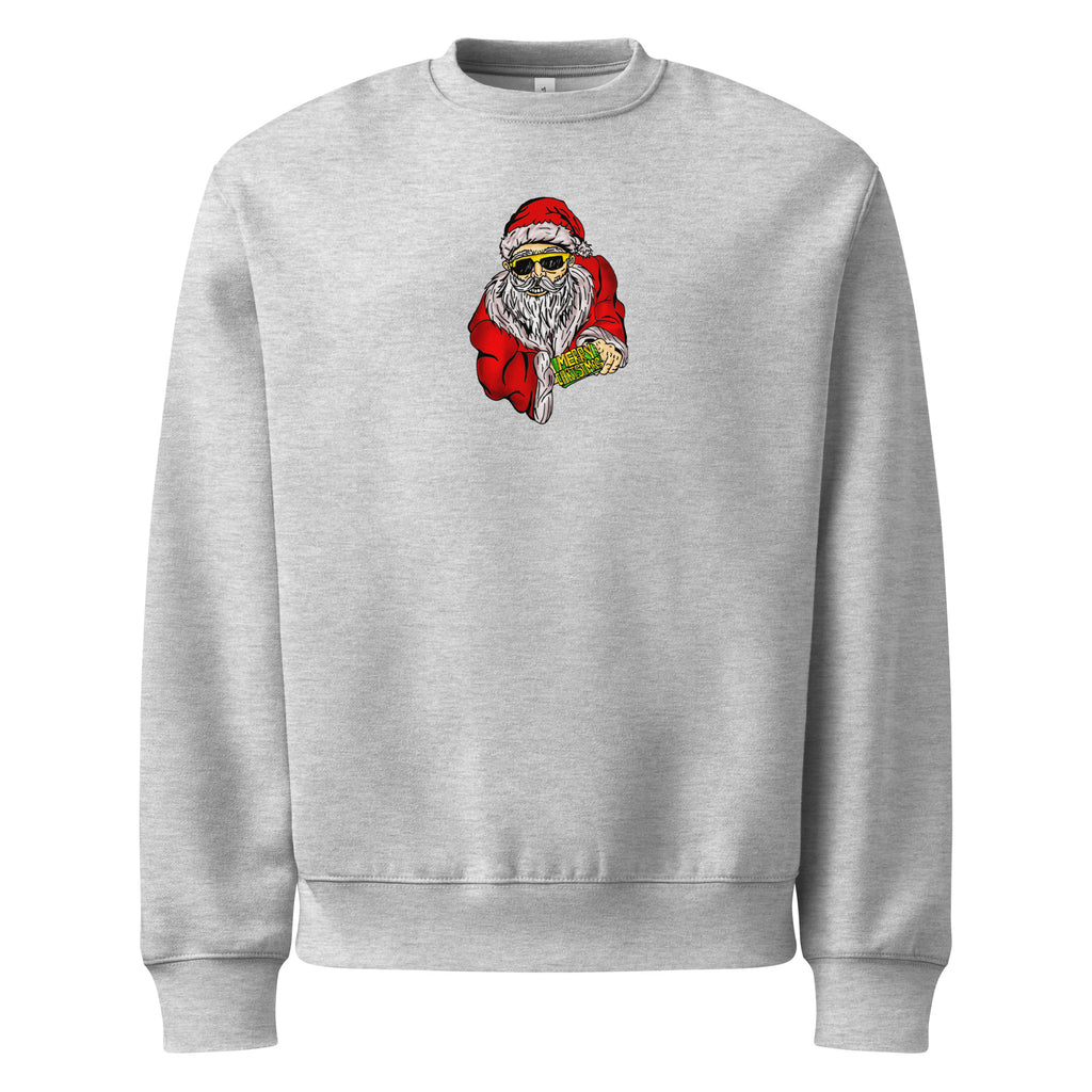 Gray sweatshirt with a graphic of Santa Claus holding a gift on a white background