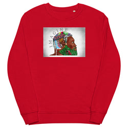 man wearing a red organic cotton sweatshirt with an urban design of a black man with an urban city as his hair. The imaginary man sweatshirt