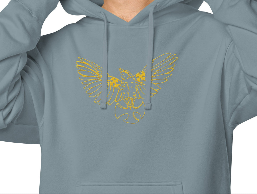 Embroidered Yellow Mockingbird pigment-dyed slate hoodie