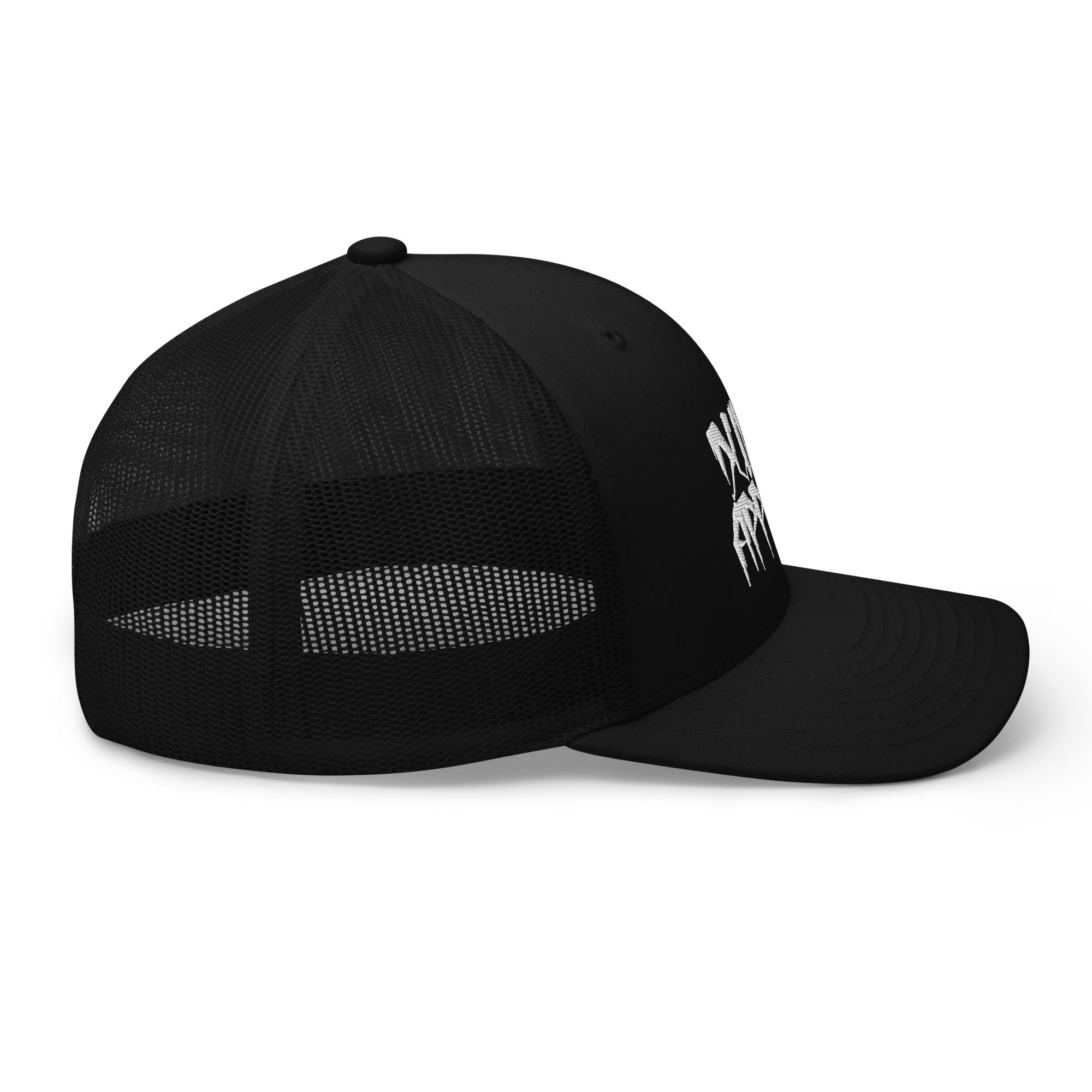 Mesh-back black trucker hat for modern streetwear looks side view