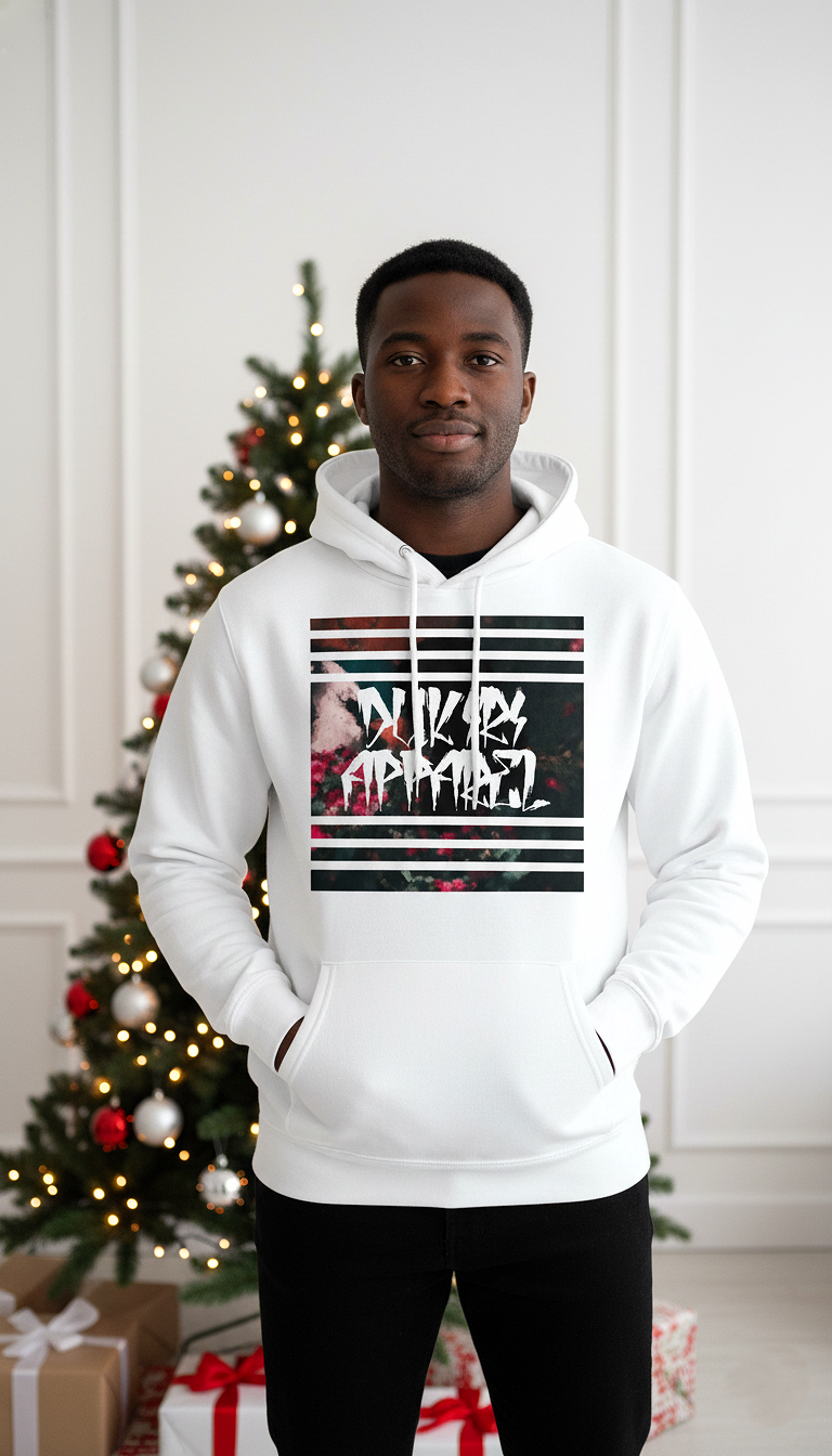 Person wearing a white hoodie with graphic design in front of a decorated Christmas tree.