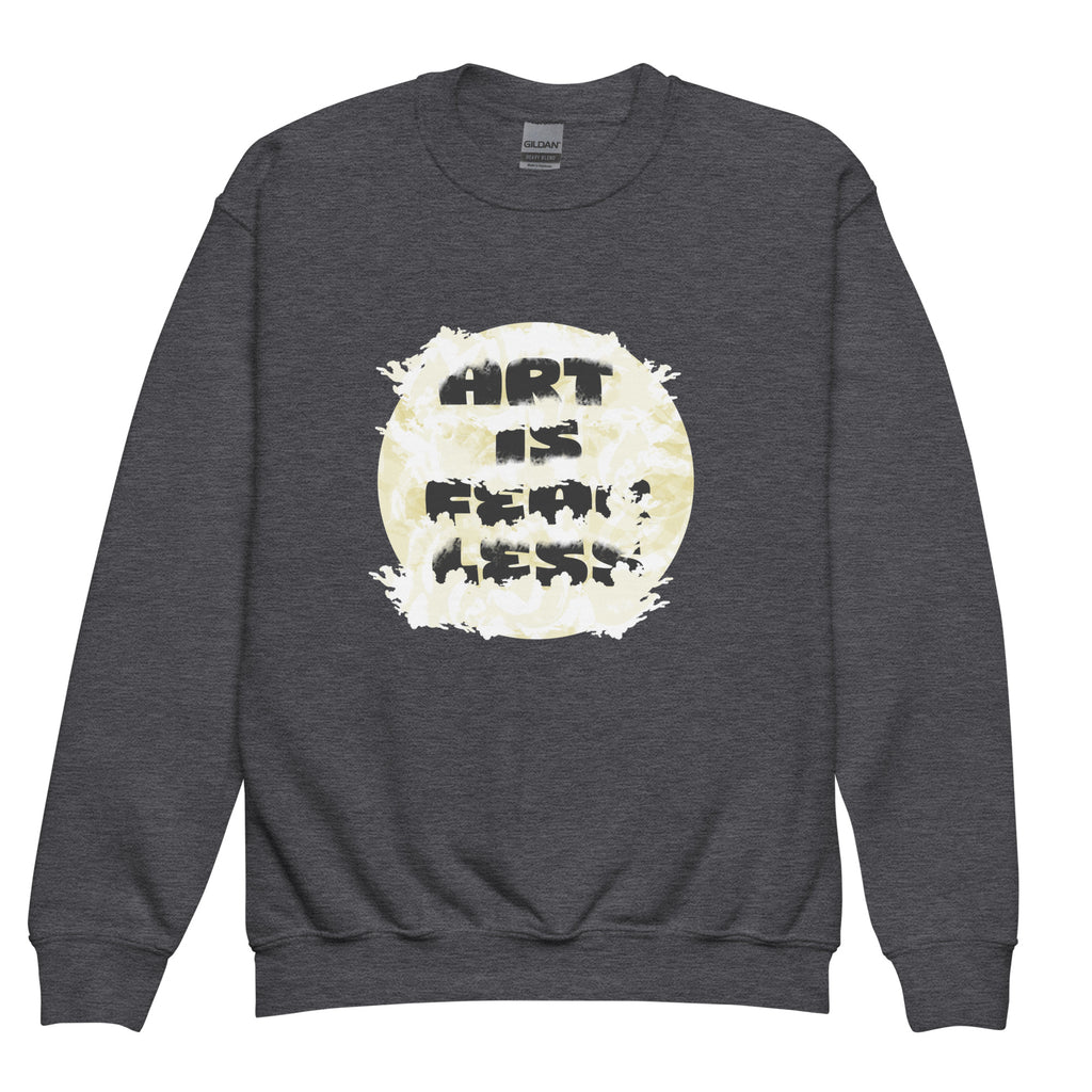 A dark heather gray crewneck sweatshirt featuring a circular graphic on the chest with a distressed cream background and the text 'ART IS FEARLESS.' in a black textured font.
