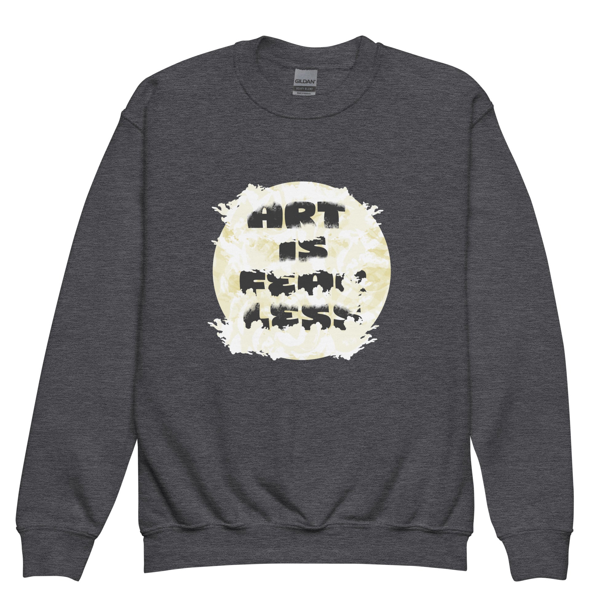 A dark heather gray crewneck sweatshirt featuring a circular graphic on the chest with a distressed cream background and the text 'ART IS FEARLESS.' in a black textured font.