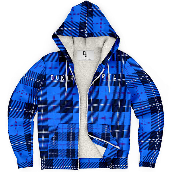 Microfleece Blue Zip-up Hoodie Plaid Pattern