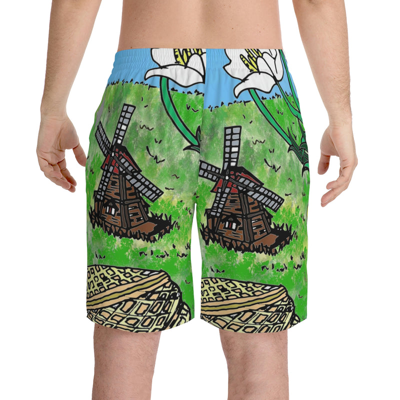 Relaxed fit polyester Beach Shorts-windmill allover print