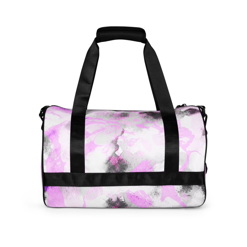 A black and purple gym bag with dual handles and a front pocket, displayed against a white background.