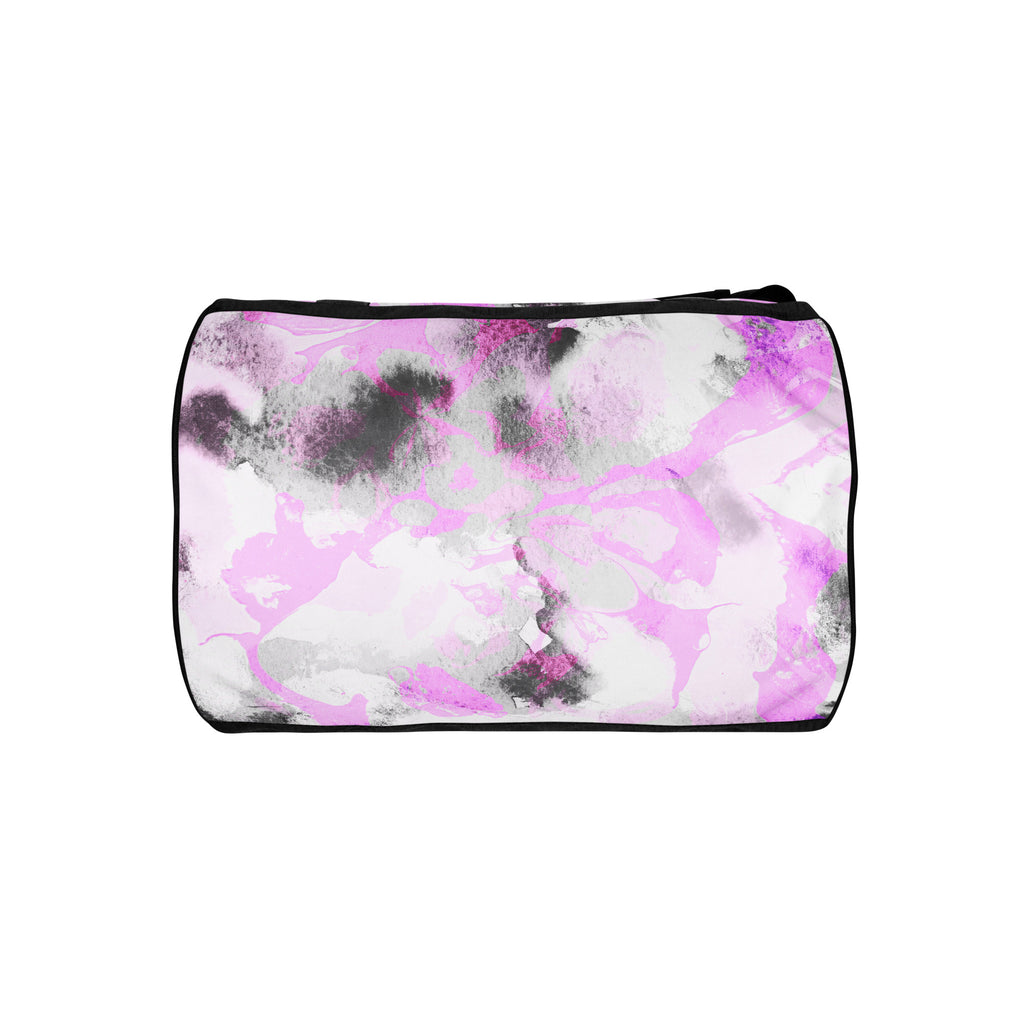 A black and purple gym bag with dual handles and a front pocket, displayed against a white background.