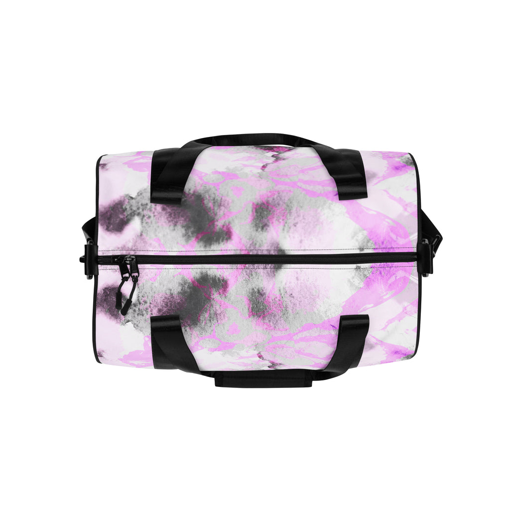 A black and purple gym bag with dual handles and a front pocket, displayed against a white background.