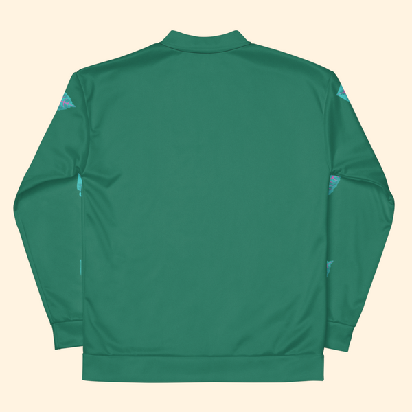 the back of a green long sleeved shirt