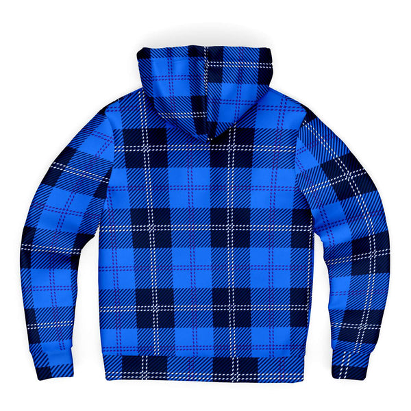 Back of Microfleece Blue Zip-up Hoodie Plaid Pattern