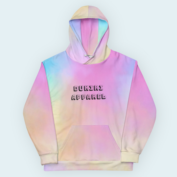 a pink and blue hoodie with a black lettering on it