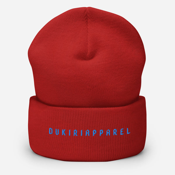 a red hat with a blue logo on it