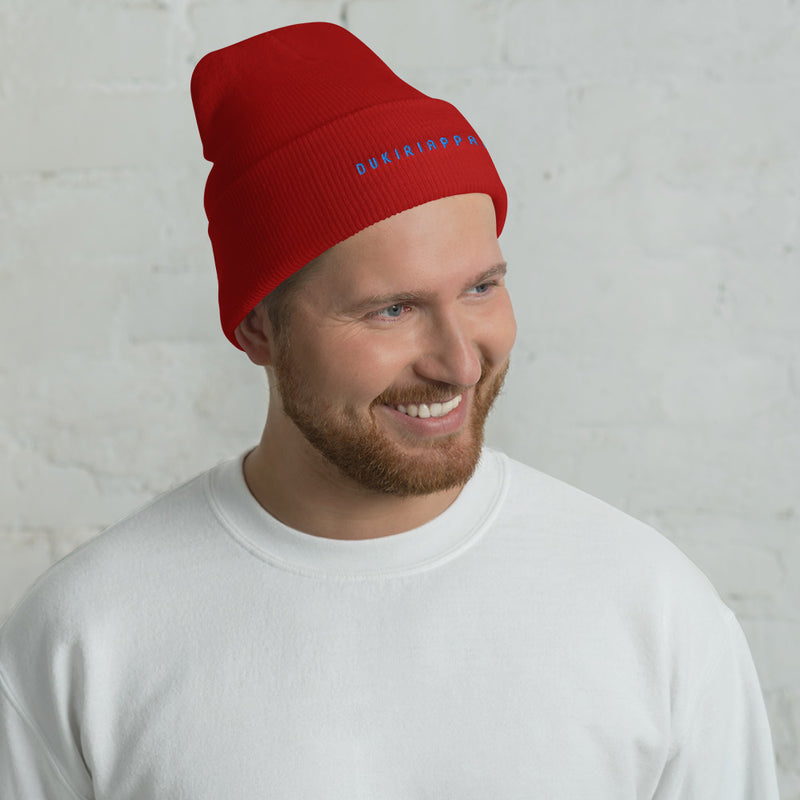 Blue Embroidered Red Cuffed Beanie