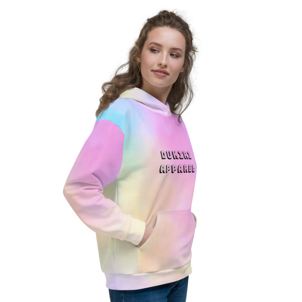 a woman wearing a pink and blue hoodie