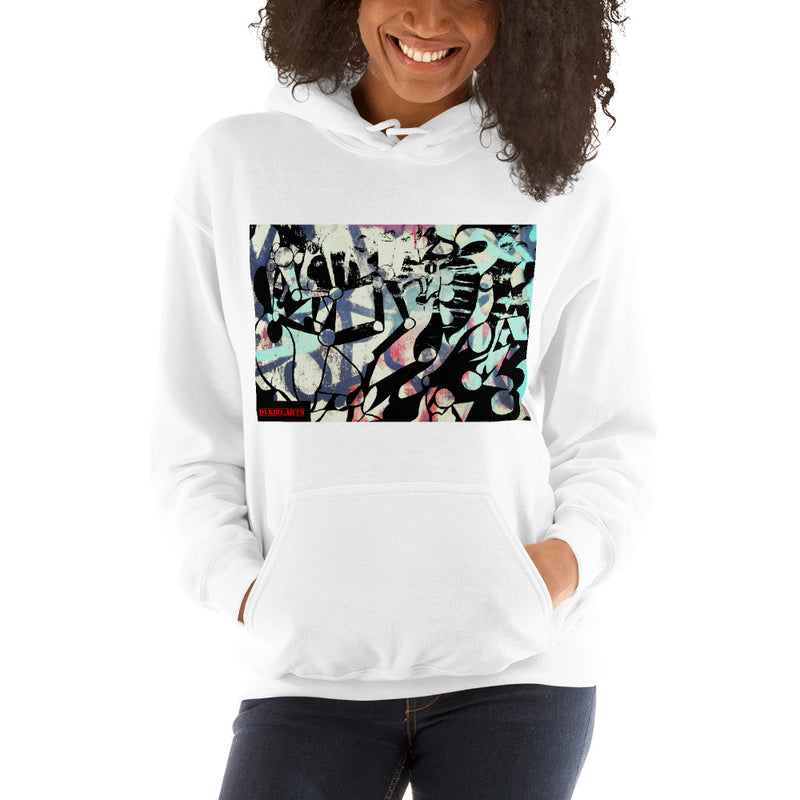 Abstract shapes and robot arms, white hoodie created by dukiriapparel. It is comfortable, soft and stylish.