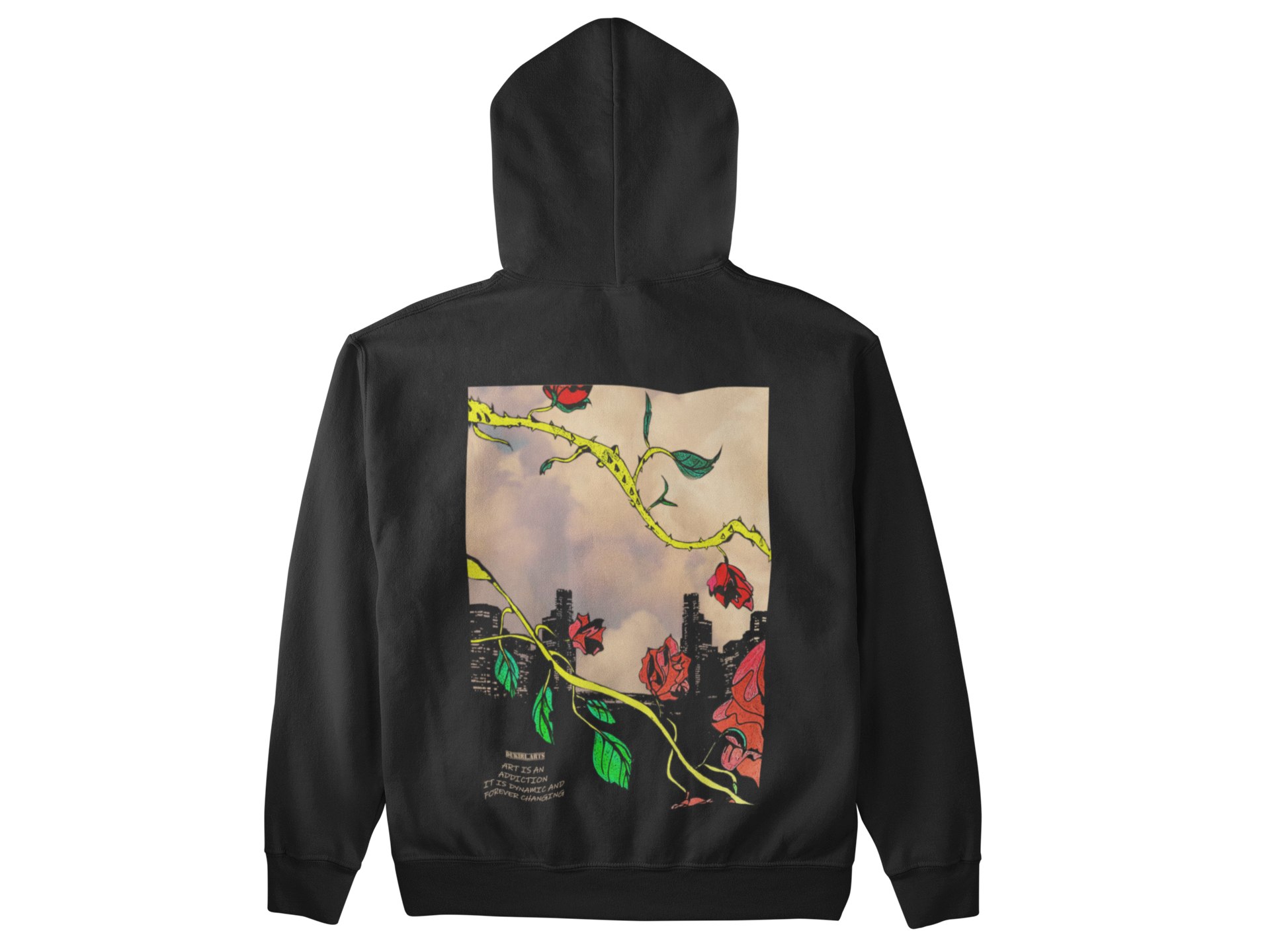 a black hoodie with a painting of flowers on it