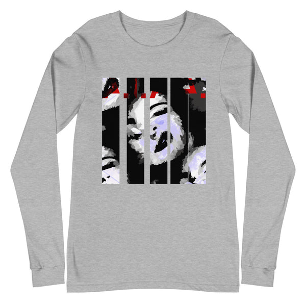 heather grey long sleeve t-shirt with a mosaic print of a woman